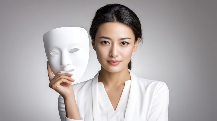 Woman in white holding mask